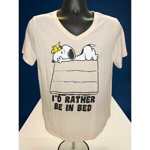 Peanuts Snoopy Woodstock I’d Rather Be in Bed T-Shirt XL Beige V-Neck 2021 Tee
